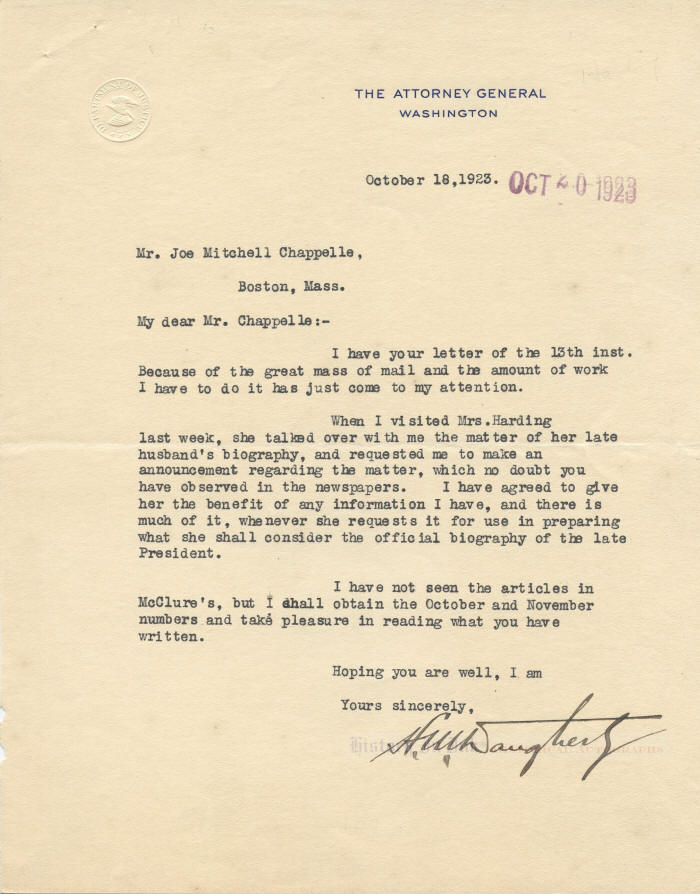 Harry Daugherty Autograph 1327201 Typed letter signed by Daugherty